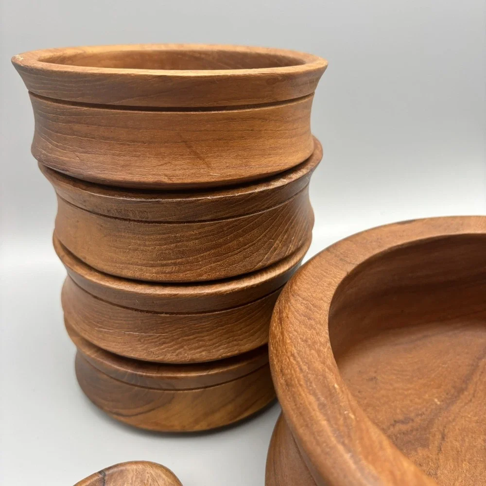 Vintage Genuine Teak Wood 7pc Set From Thailand Salad Bowl & Serving Bowls MCM